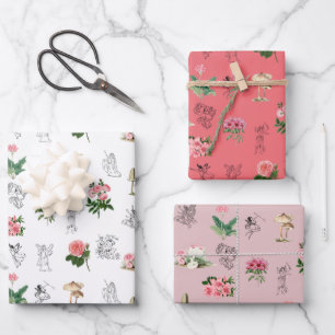 Fairies Pink Floral & Mushroom Fairy Pattern Wrapping Paper Sheet