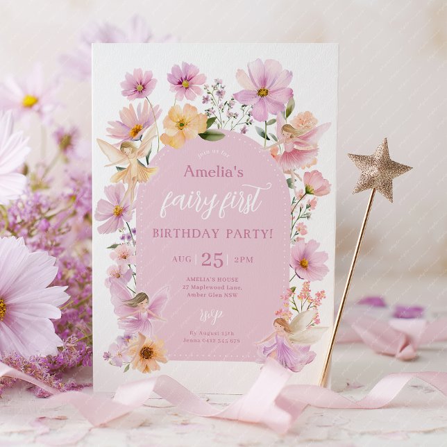 Fairy 1st Birthday Fairy Party Pink Peach Girl Invitation (Fairy First Birthday Invitation Pink)