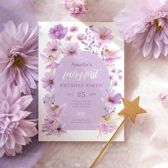 Fairy 1st Birthday Fairy Purple Girls Party Invitation (Fairy First Purple Invitation)