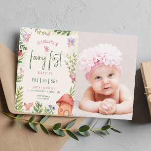 Fairy 1st Birthday Forest Mushroom Greenery Photo Invitation