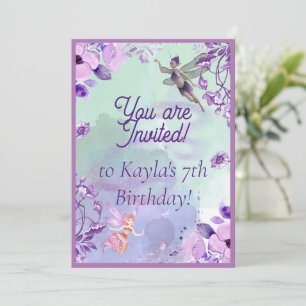 Fairy 7th Birthday Watercolor Purple Invitation