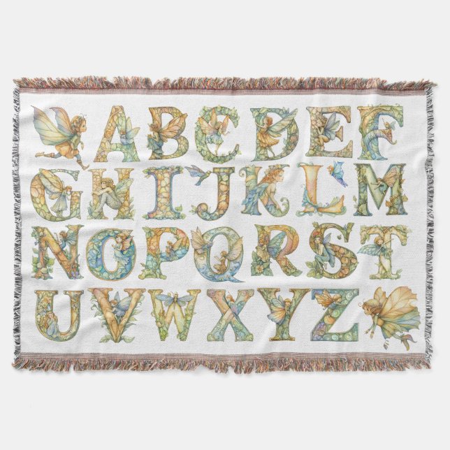 Fairy Alphabet in Whimsical Watercolor Throw Blanket (Front)