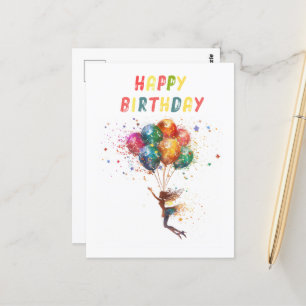 Fairy and Balloons Colourful Happy Birthday Postcard