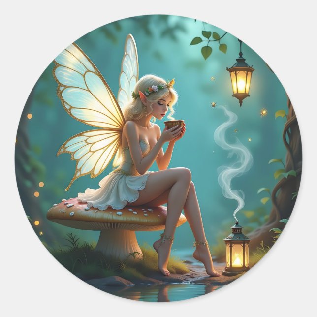 Fairy and Coffee Keeping in Touch Classic Round Sticker (Front)