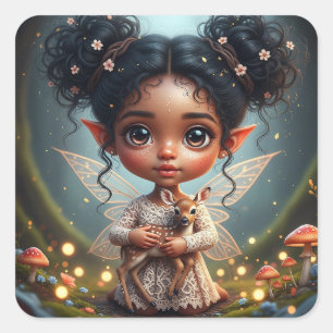 Fairy and Deer Girl's Cottagecore Birthday  Square Sticker
