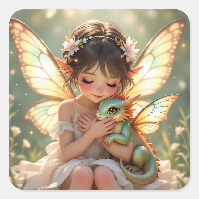 Fairy and Dragon | Chibi Anime Fairy Tale Square Sticker (Front)