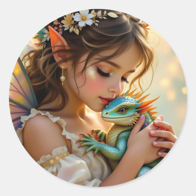 Fairy and Dragon Mystical Girl's   Classic Round Sticker (Front)