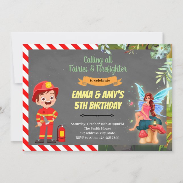 Fairy and firefighter joint party Invitation (Front)