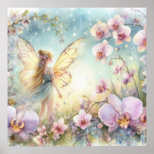 Fairy and flowers in pastel colours watercolor  poster