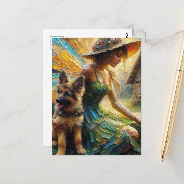 Fairy And German Shepherd Puppy Postcard (Front/Back In Situ)