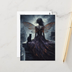 Fairy and her cat overlook the city fantasy postcard