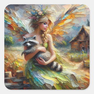 Fairy and her Pet Raccoon Square Sticker