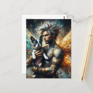 Fairy and his Boston Terrier Puppy Postcard