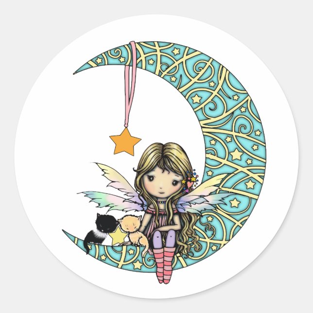 Fairy and Kittens on Fancy Moon Whimsical Fantasy Classic Round Sticker (Front)