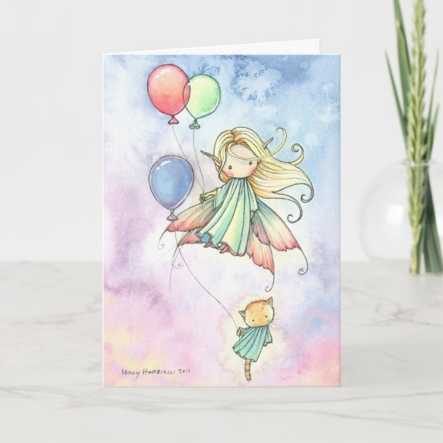Fairy and Kitty Cat Birthday Card Floating Cuties (Front)