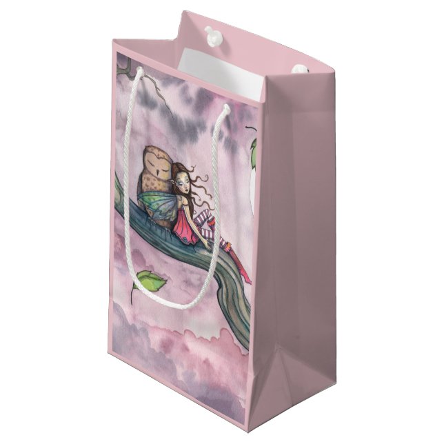 Fairy and Owl Whimsical Fantasy Art Small Gift Bag (Front Angled)