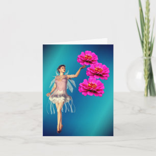 Fairy And Pink Zinnia Flower Fantasy Note Card