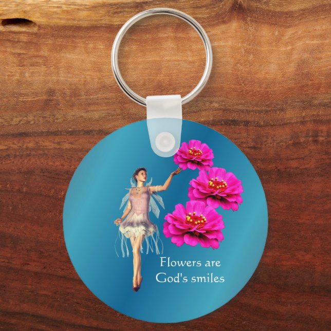 Fairy And Pink Zinnia Flowers Inspirational Keychain (Front)