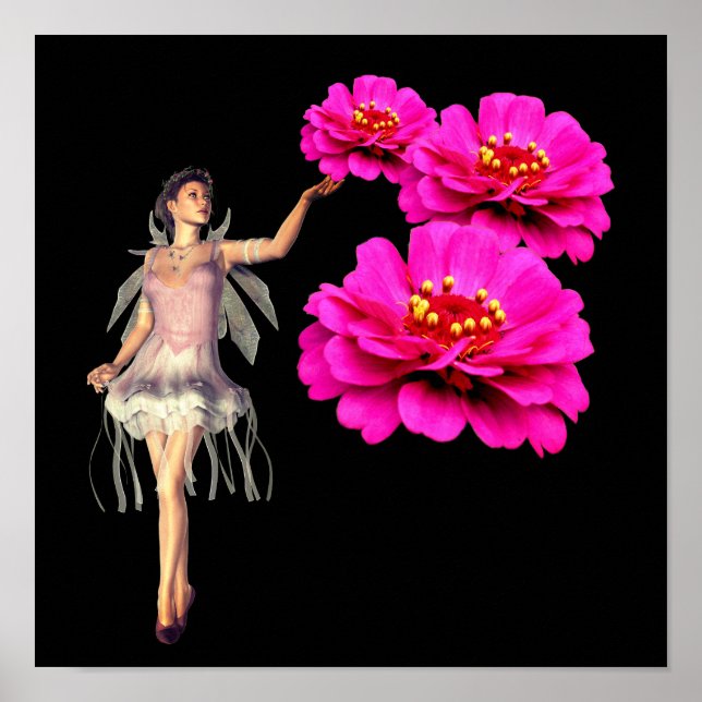 Fairy And Pink Zinnias Flower Fantasy Art Poster (Front)