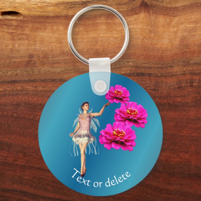 Fairy And Pink Zinnias Flowers Personalized Keychain (Front)