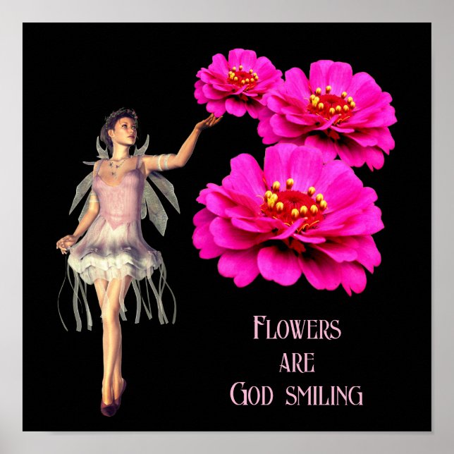 Fairy And Pink Zinnias Inspirational Poster (Front)