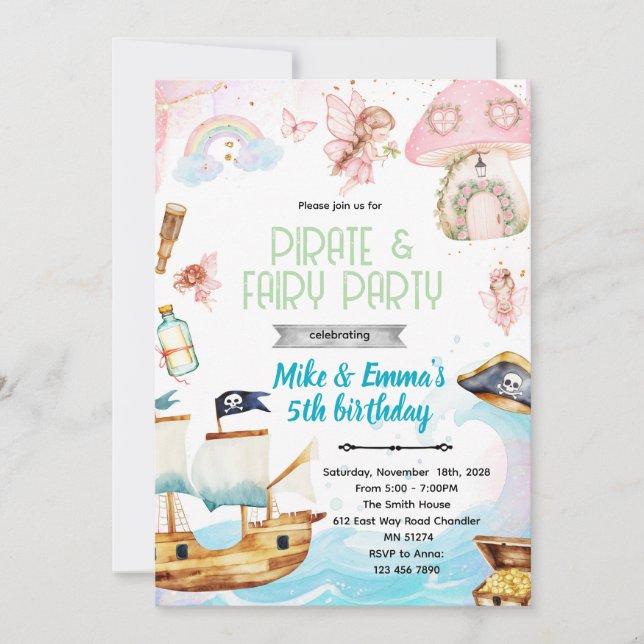 Fairy and Pirate birthday party invitation (Devant)