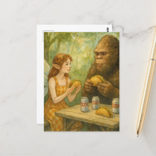 Fairy and Sasquatch Eating Tacos Postcard
