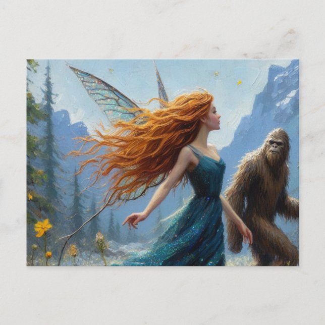 Fairy and Sasquatch on a Hiking Trip in the Meadow Postcard (Front)