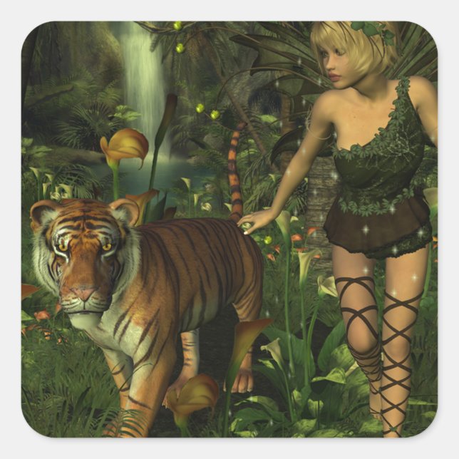 Fairy and Tiger in the Jungle Square Sticker (Front)