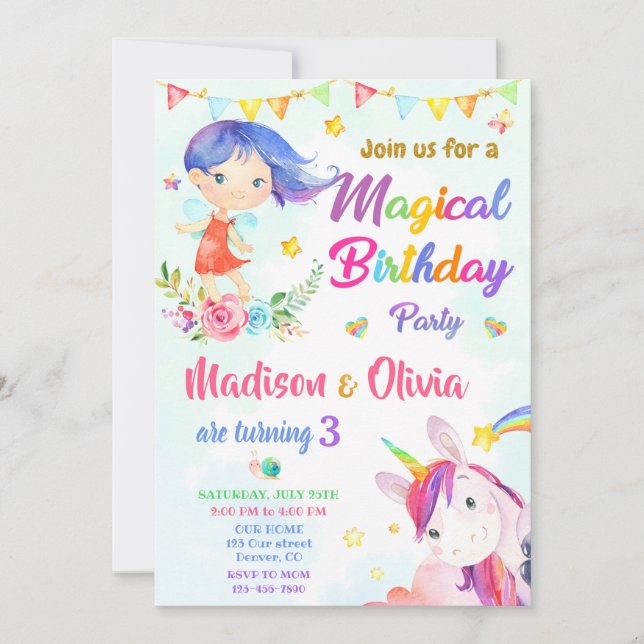 Fairy and Unicorn birthday invitation two girls (Front)