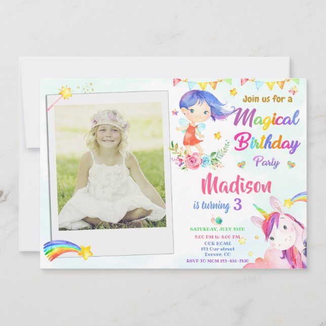 Fairy and Unicorn birthday invitation with photo (Front)