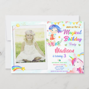 Fairy and Unicorn birthday invitation with photo