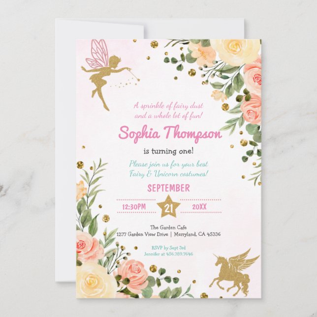 Fairy And Unicorn Floral Gold Glitter 1st Birthday Invitation (Front)
