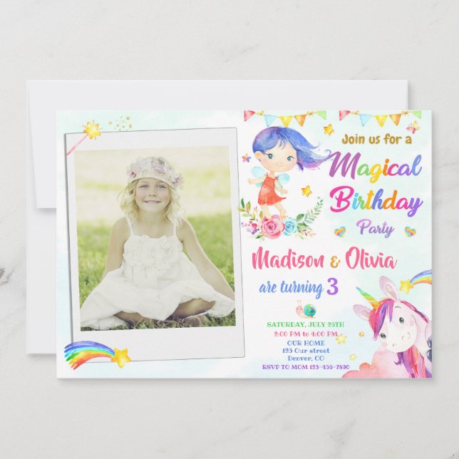 Fairy and Unicorn invitation anniversaire Twins ph (Devant)