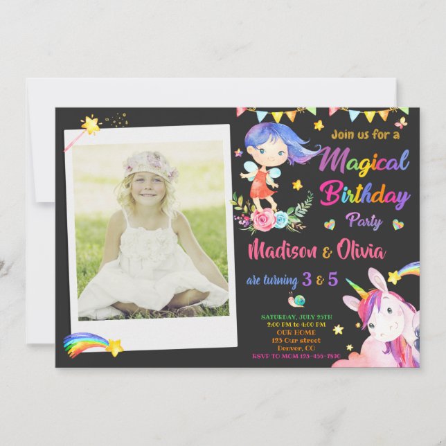Fairy and Unicorn invitation jumeaux d'anniversair (Devant)