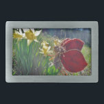Fairy and yellow flowers rectangular belt buckle<br><div class="desc">Fairy with red wings and purple dress Smelling in the yellow Daffodils Flowers Fairy and Photo By Artist Sandy Closs Fairy,  fairies,  pixie,  pixies, fantasy, flowers,  butterfly ,  butterflies,  red,  yellow,  purple, spring fairy-tale,  fairyland</div>