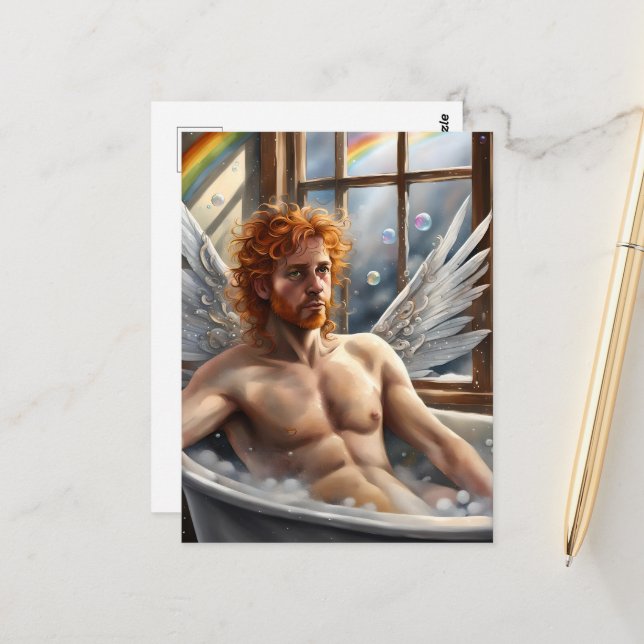 Fairy Angel Man Red Hair in the Bubblebath Postcard (Front/Back In Situ)