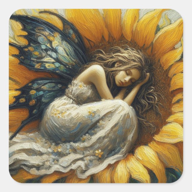 Fairy Asleep on a Sunflower Square Sticker (Front)