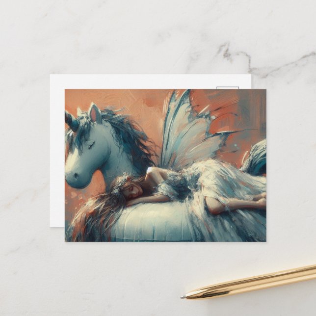 Fairy asleep on a unicorn pool float postcard (Front/Back In Situ)