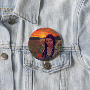 Fairy at Sunset in a field of poppies Fantasy Art 3 Inch Round Button