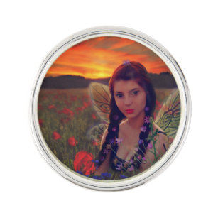 Fairy at Sunset in a field of poppies Fantasy Art Lapel Pin