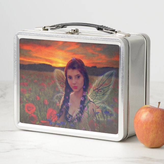 Fairy at Sunset in a field of poppies Fantasy Art Metal Lunch Box (In Situ)