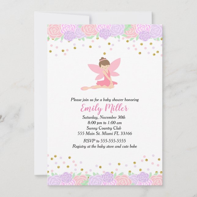 Fairy Baby Shower Invitation Gold Pink (Front)