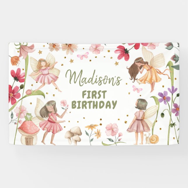 Fairy Birthday 1st Enchanted Forest Girl Backdrop Banner (Horizontal)