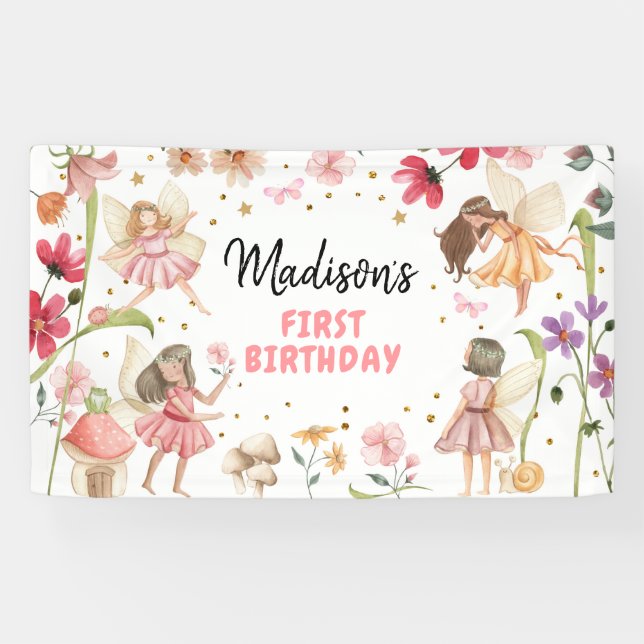 Fairy Birthday 1st Enchanted Forest Girl Backdrop  Banner (Horizontal)