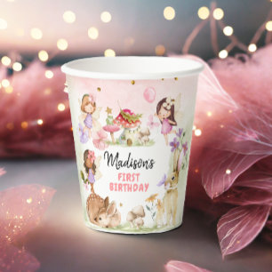 Fairy Birthday 1st Enchanted Forest Girl Floral Paper Cups