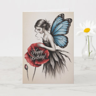 Fairy Birthday Card Red Flower Fairy Butterfly 