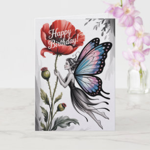Fairy Birthday Card Red Flower Fairy Butterfly