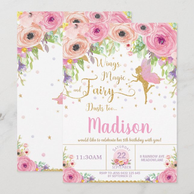 Fairy Birthday Invitations Pink Floral Whimsical (Front/Back)