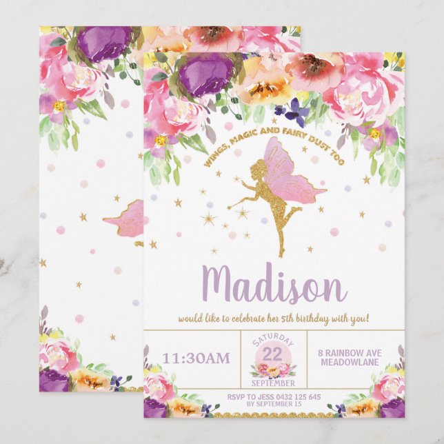 Fairy Birthday Invitations Purple Floral Whimsical (Front/Back)